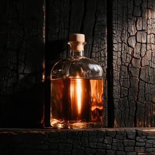 Unlabeled amber whiskey bottle with cork stopper in charred oak — craft spirits bottle photography