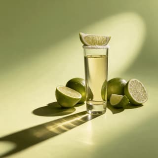 Tequila shot with salt rim and fresh limes on a chartreuse backdrop — tequila photography