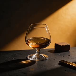 Aged cognac in a balloon snifter on dark stone in amber light — brandy photography