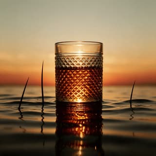 Aged dark rum neat in a heavy crystal tumbler at dusk — rum brand photography