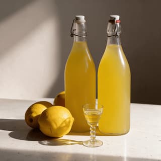 Limoncello in swing-top bottles with lemons and a cordial glass — liqueur photography