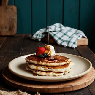 Buttermilk pancakes with maple syrup pour on dark wood — diner breakfast food photography