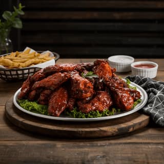 BBQ-glazed chicken wings with ranch on a wooden board — starter menu food photography