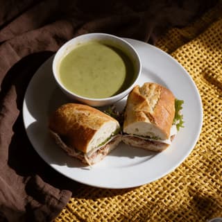 Broccoli soup and roast beef baguette on woven linen — lunch combo food photography