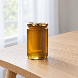Single unlabelled round glass jar of amber wildflower honey with a gold patterned twist lid, on a pale oak table beside a bright curtained window