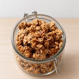 Single clear glass clamp-top jar with the lid off, filled to the brim with golden toasted granola clusters, on pale oak
