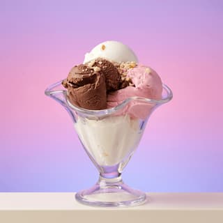Vanilla, chocolate and strawberry gelato in a glass coupe — ice cream maker product photography