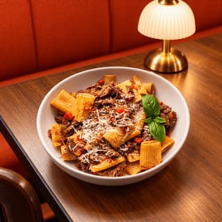 Shallow bowl of rigatoni in slow-cooked beef ragù topped with shaved parmesan and a basil leaf on a terracotta surface