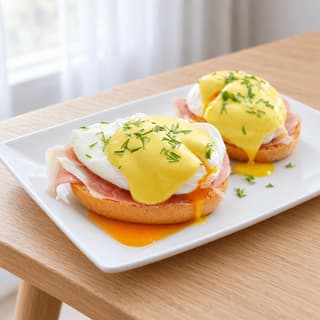 Plate of eggs Benedict on toasted English muffins with thick hollandaise, ham and chives in soft window daylight