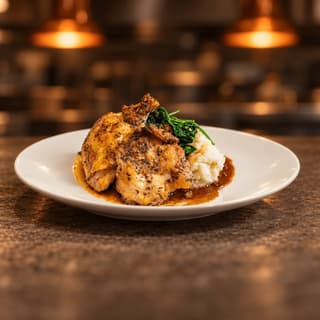 Golden roast half chicken in pan jus with creamy mash and wilted spinach on a white plate at a warm-lit restaurant kitchen pass