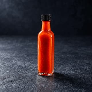 Tall unlabelled glass bottle of red hot sauce with three fresh chillies on dark honed slate