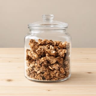 Clear unlabelled glass jar of toasted granola clusters with almonds and cashews, glass lid seated on the rim, on a pale wood bench