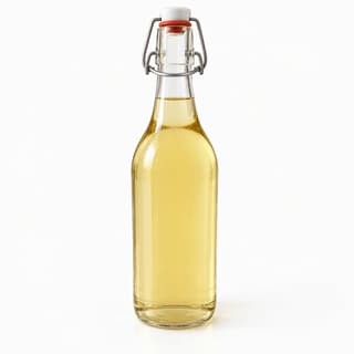 Tall clear swing-top glass bottle of pale golden elderflower and lemon cordial with defined edges against a seamless pure white background