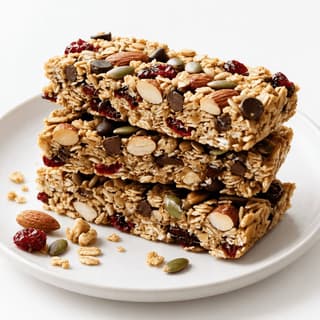 Neat stack of three oat and honey granola bars with almonds, pumpkin seeds and cranberries on a seamless white background with a few crumbs