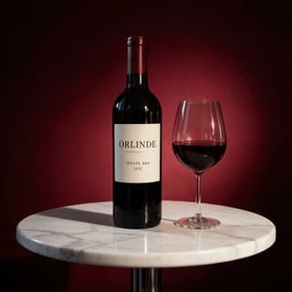 Labeled red wine bottle and glass on a marble pedestal — new-vintage wine photography