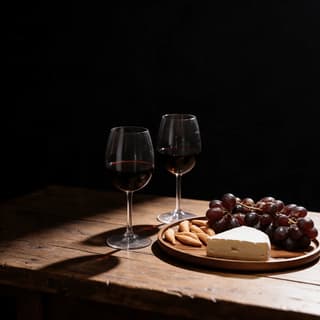 Two glasses of red wine with brie and grapes on rustic wood — wine pairing photography