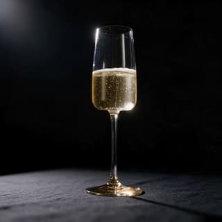 Flute of pale-gold sparkling wine with rising bubbles on dark linen — sparkling wine photography
