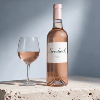 Labeled rosé wine bottle and glass on a travertine block — rosé release photography