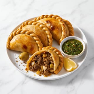 Argentine empanadas baked crimped repulgue edge cross section beef filling plate — empanada hero photography