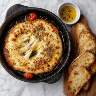 Provoleta grilled provolone cheese melted oregano chili olive oil cast iron overhead — provoleta hero photography