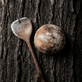French signed miche sourdough wheel with P-score and wheat flour dusting on oak plank — bakery bread photography