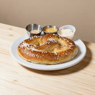 Large salted soft pretzel on a wooden board beside a small pot of molten beer cheese on pale pine