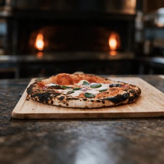 Whole wood-fired pizza with a blistered leopard-spotted crust and torn basil on a dark stone counter