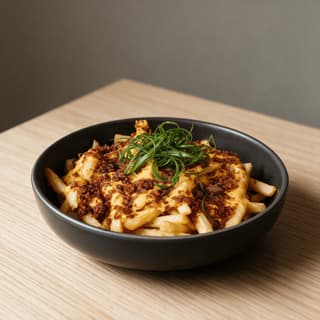 Metal basket of loaded fries under melted cheddar with bacon and spring onion on pale oak