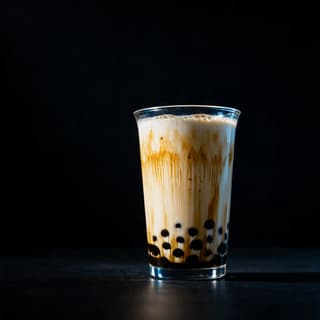 Tall clear cup of brown sugar boba milk tea with dark syrup tiger stripes running down the inside wall