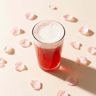 Strawberry cream cheese foam tea in a clear glass with a thick pale foam cap over a bright red fruit tea body