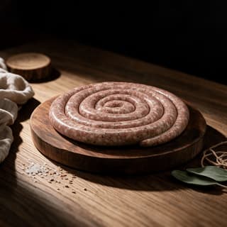 Continuous coil of raw house-made pork sausage in natural casing wound into a flat spiral on a dark oiled oak board