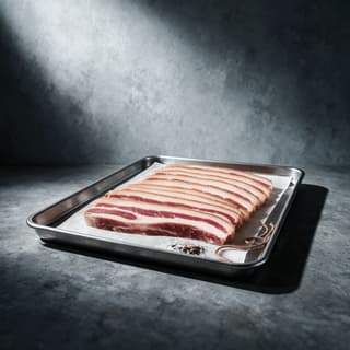 Stack of thick-cut dry-cured streaky bacon rashers fanned on greaseproof paper in a stainless steel tray on a grey stone counter