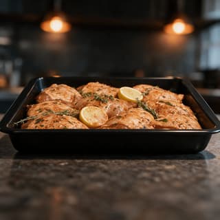 Shallow black tray of glossy paprika-marinated boneless chicken thighs with lemon halves and thyme on a dark stone prep counter