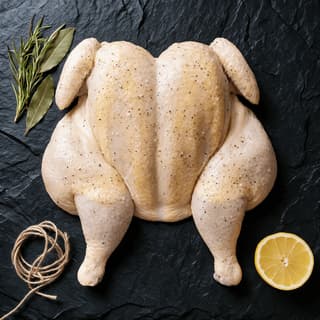 Whole raw free-range chicken spatchcocked flat and seasoned with sea salt on a dark slate slab, shot from directly overhead