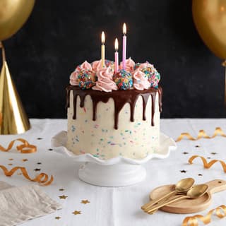 Yanan mumlar ve gökkuşağı şekerlemeleriyle bütün funfetti doğum günü pastası — doğum günü pastası fotoğrafçılığı