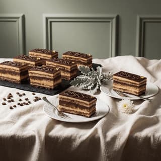 Çikolata sırlı ve altın varaklı Fransız Opera pastası üstten görünüm — pastane pasta fotoğrafçılığı