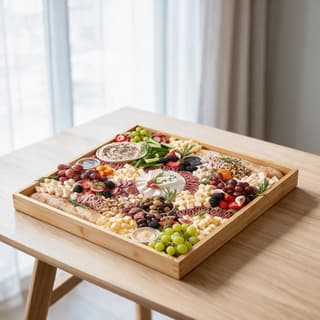 Long grazing table spread laid for a forty-guest event with cured meats, cheeses, fruit and florals