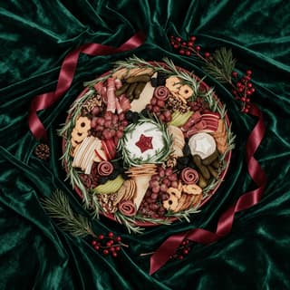Winter holiday charcuterie board with pomegranate, rosemary, spiced nuts and cranberry on dark wood