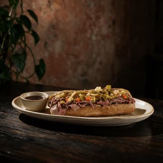Chicago italian beef sandwich thin shaved roast beef french roll dipped in jus hot giardiniera pickled vegetables — italian beef hero photography