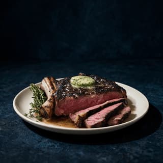 Chicago steakhouse bone in ribeye thick cut dark seared crust rosy medium rare centre resting juices herb butter — steakhouse hero photography