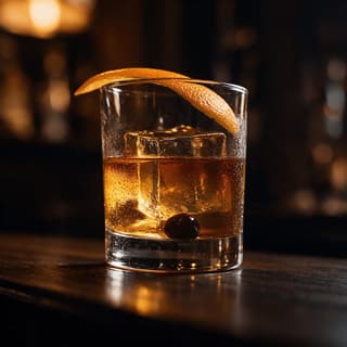 Chicago craft cocktail old fashioned amber whiskey large clear ice cube expressed orange peel brandied cherry plain rocks glass bar glow — cocktail hero photography