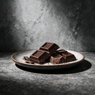 Thick pieces of single origin dark chocolate stacked on a dark stoneware plate on grey concrete, one piece showing a matte fracture edge and the others a glossy moulded face