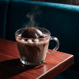 Hot chocolate bombe in a clear glass mug with the shell half melted open and marshmallows floating in dark cocoa on a dark wood counter