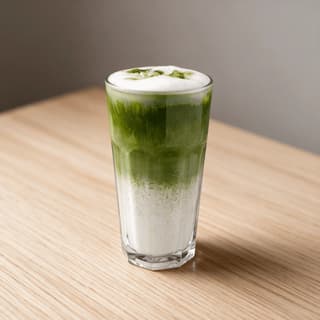 Matcha latte showing a sharp green over white gradient in a tall clear glass