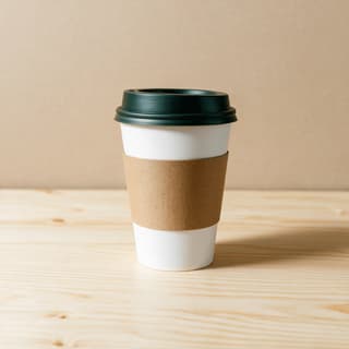 Plain white double wall takeaway coffee cup with a kraft sleeve and no logo on it