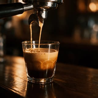 Bottomless portafilter under a chrome group head with two honey coloured espresso streams braiding into one rope falling into a heavy glass
