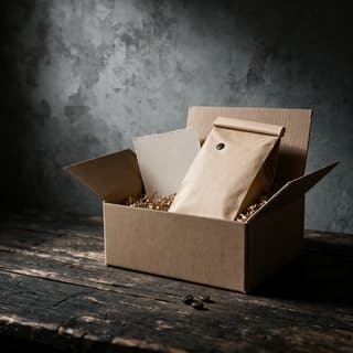 Open blank kraft shipping box with one unprinted coffee pouch nested in kraft paper shred and a plain cream card tucked behind it