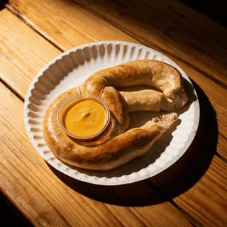 بريتزل طري كبير واحد مملّح بجوار كوب صغير من غموس الجبن الدافئ على خشب فاتح