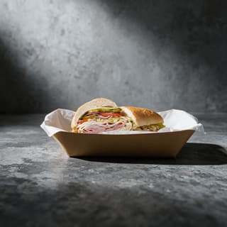 Made to order deli sub sandwich cut on the diagonal showing layered meats lettuce and tomato