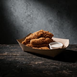 Four craggy breaded chicken tenders in a plain paper boat beside a small cup of dipping sauce